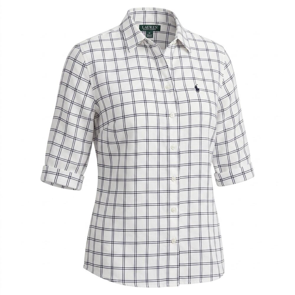 Lauren Ralph Lauren Linen Button Up Shirt Women’s M White Navy Windowpane Plaid